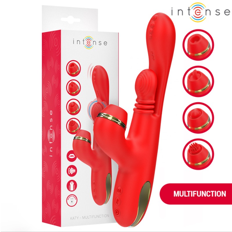 Love toys RABBIT ROUGE KATY VA ET VIENTS VIBRATIONS ET ASPIRATION AVEC EMBOUTS DE INTENSE