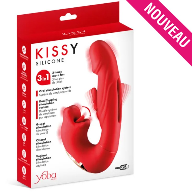 Love toys RABBIT KISSY SILICONE ROUGE 3 EN 1 DE YOBA