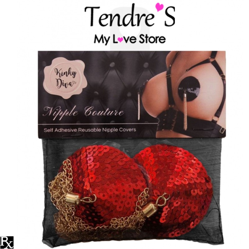 NIPPIES CACHES TETONS AVEC CHAINE NIPPLE COUTURE ROUGE DE KINKY DIVA