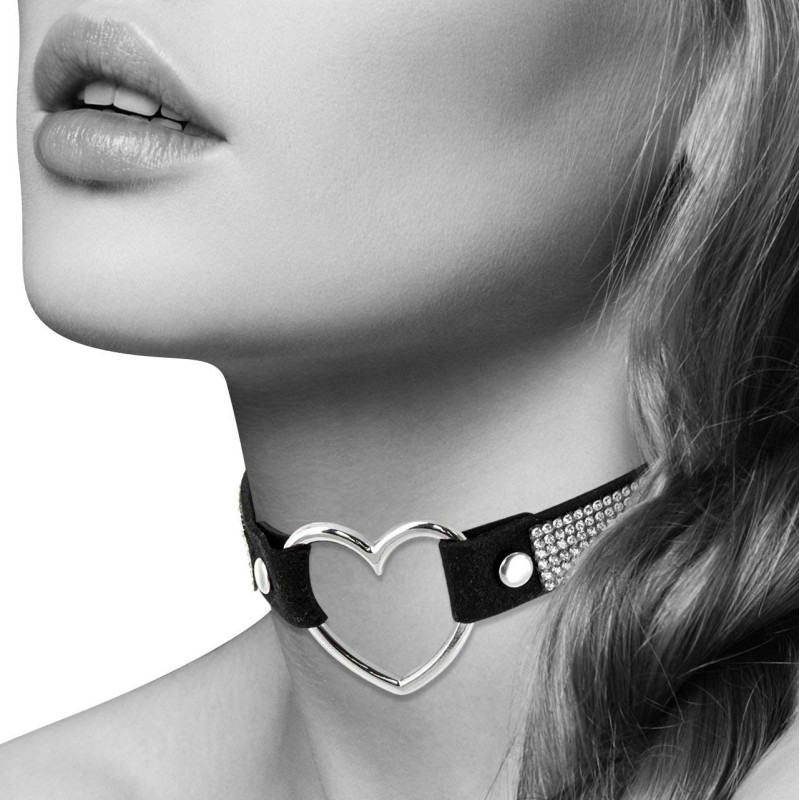 COLLIER CUIR NOIR STRASS ET COEUR ARGENTE DE "BIJOUX POUR TOI"
