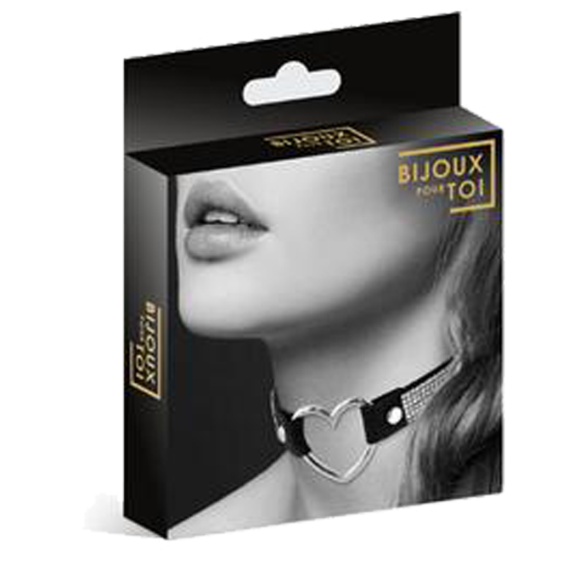 COLLIER CUIR NOIR STRASS ET COEUR ARGENTE DE "BIJOUX POUR TOI"